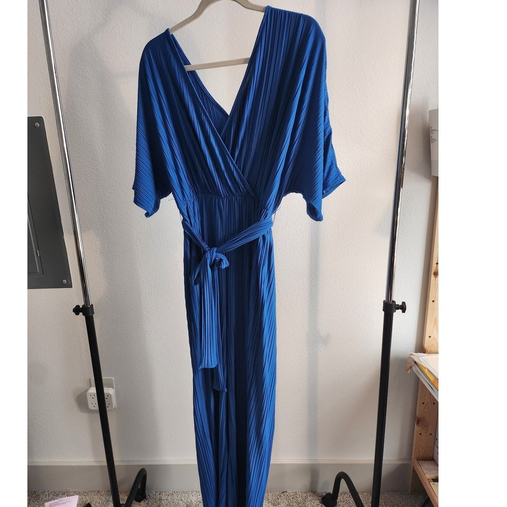 Blue Pleated Jumpsuit Wrap V Neck Kimono Sleeve Wide Leg MAP XS Women's